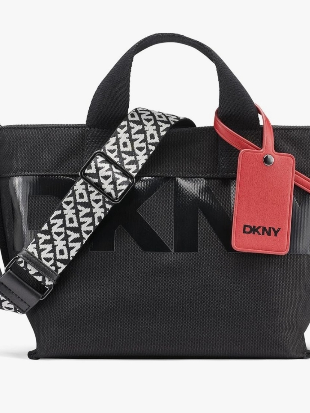 DKNY Black Canvas Laptop Tote with Red Leather Tag